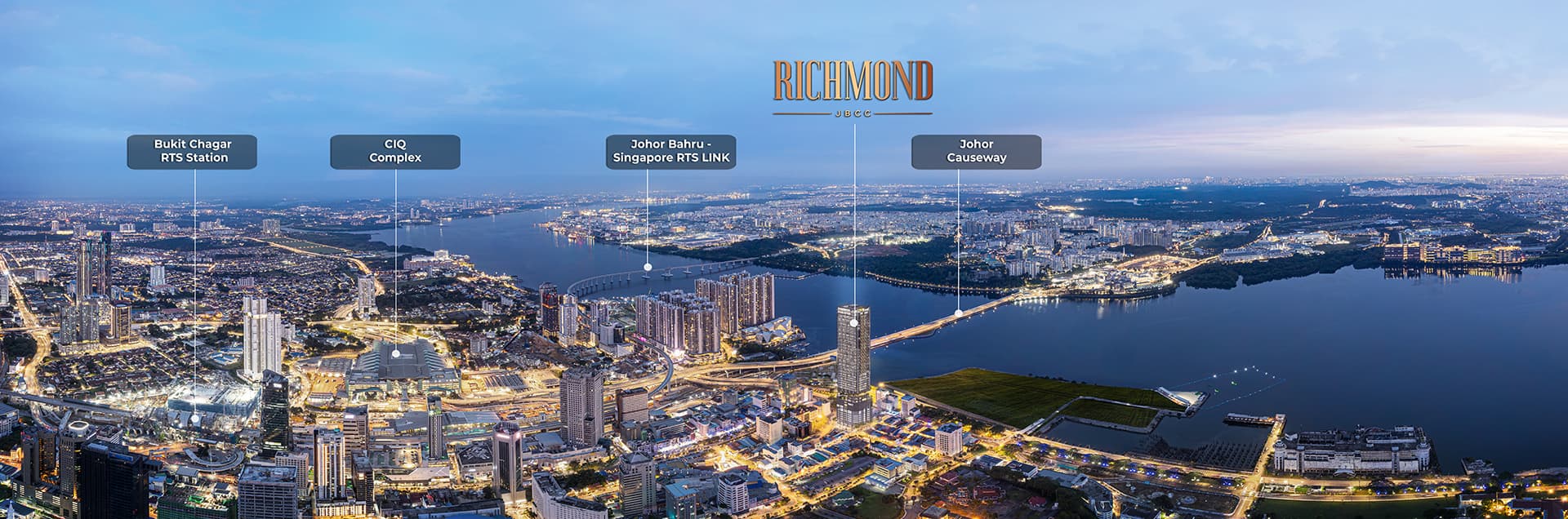 Aerial view of Richmond JBCC beside the JB–Singapore Causeway, near Bukit Chagar RTS station and CIQ